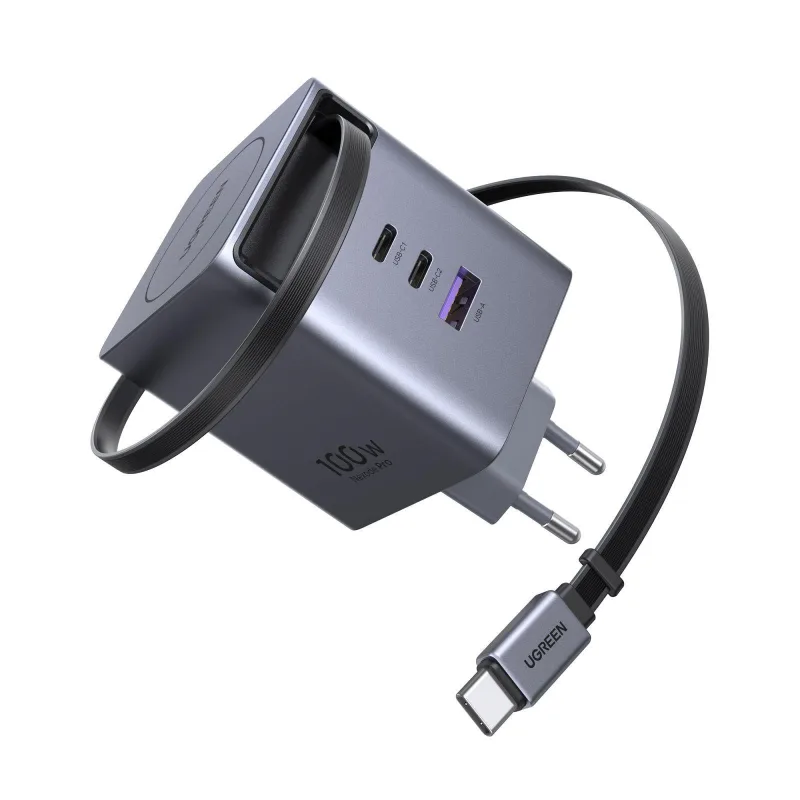 UGREEN síťová rychlonabíječka se zatahovacím kabelem 100W 3-Port, 2x USB…