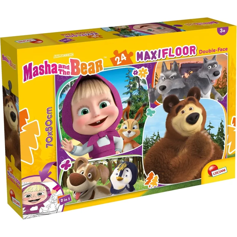 Oboustranné puzzle pre deti Lisciani MAXI 24 dielikov Máša a medveď (s omaľovánkou)