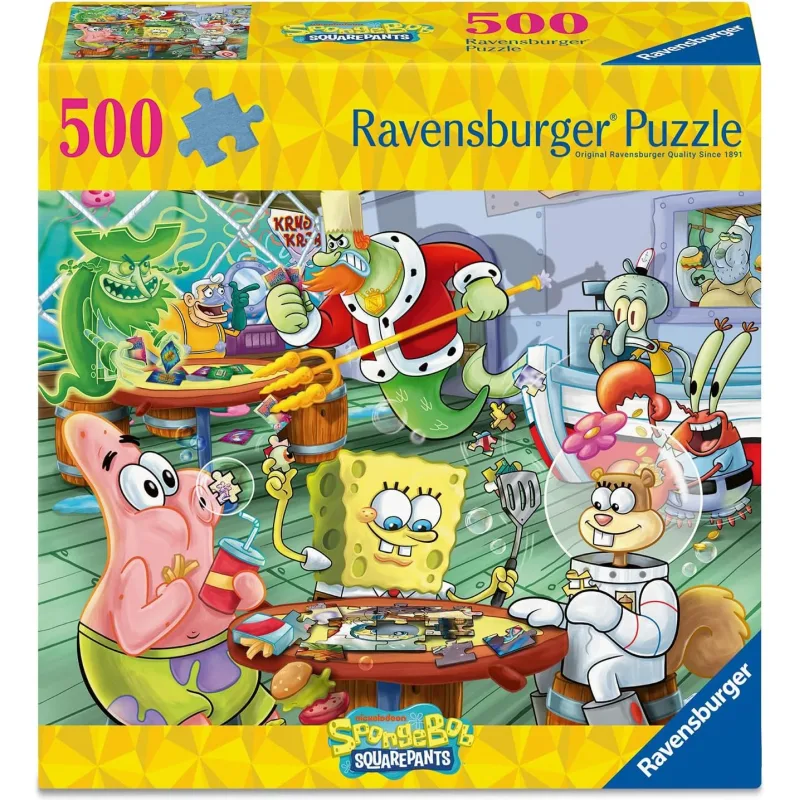 Štvorcové puzzle Ravensburger 500 dielikov SpongeBob v nohaviciach – Herný večer v Krusty Krab