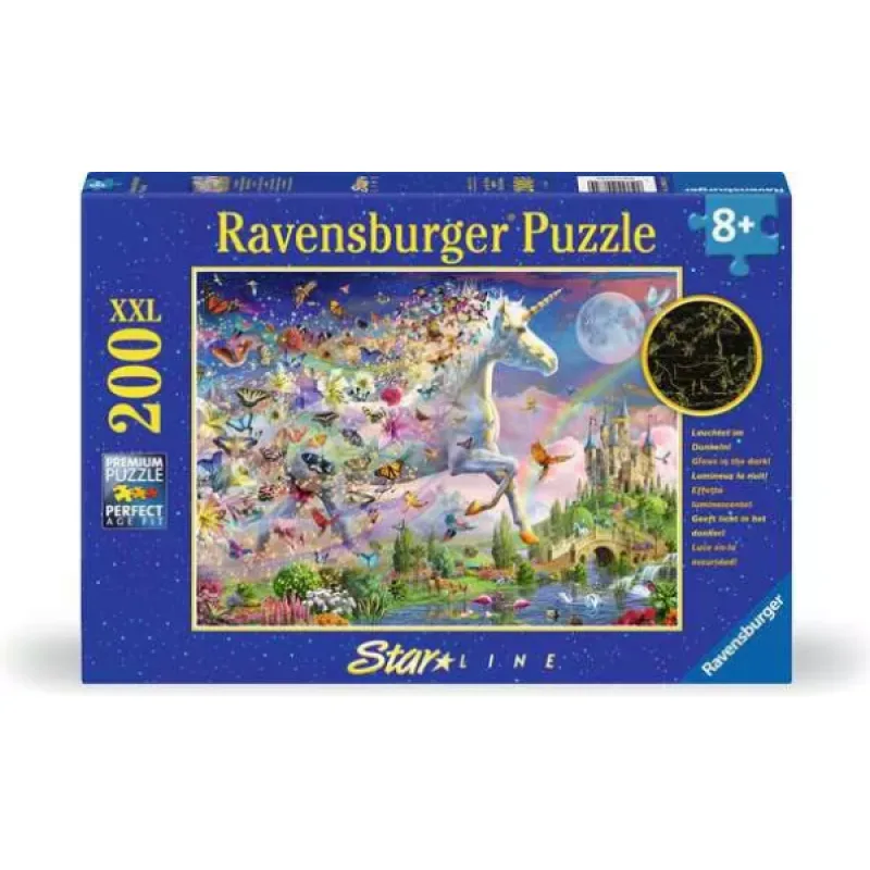 Svietiace puzzle Ravensburger 200 dielikov XXL Motýlí jednorožec
