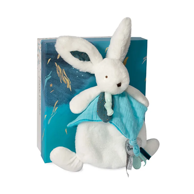 Doudou et Compagnie Paris Doudou Darčeková sada - Plyšový zajačik s muchláčikom 25 cm modrá