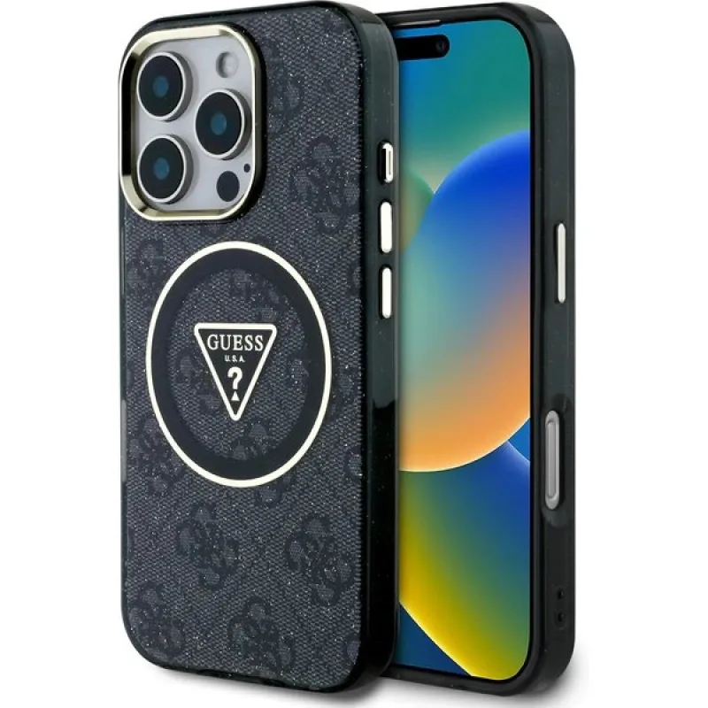 Guess IML 4G Glitter and Triangle Logo MagSafe kryt iPhone 16 Pro Max čierny