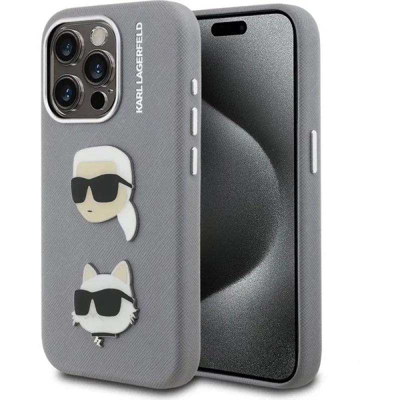 Karl Lagerfeld Grained PU K&CH Heads kryt iPhone 15 Pro Max šedý…