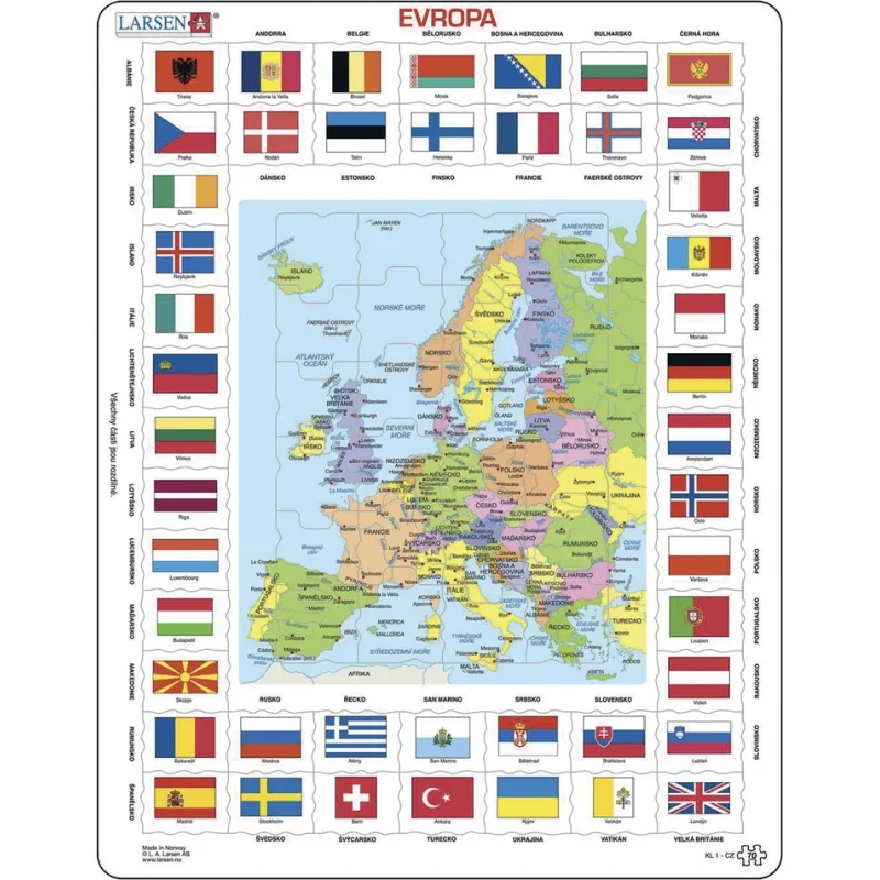 Deskové vzdělávací puzzle Larsen Evropa - mapa a vlajky 70 dílků