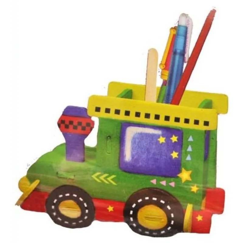3D drevené puzzle ARTLOVER Stojan na ceruzky Mašinka s farbami a obtlačkami