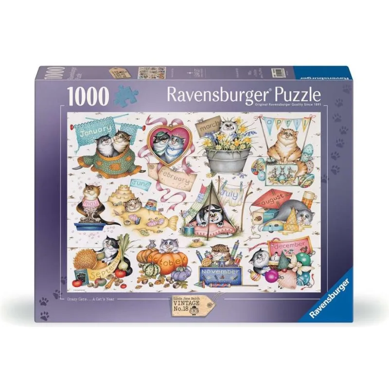Puzzle Ravensburger 1000 dielikov Vintage č. 18 - Crazy Cats: Mačací rok