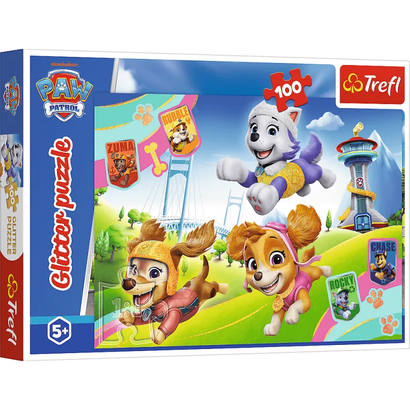 Puzzle s trblietkami Trefl 100 dielikov Glitter: Tlapková patrola - Žiarivé šteniatka