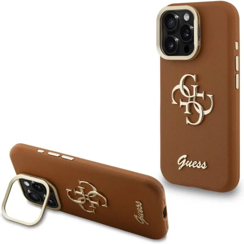 Guess PU Grained 4G Logo Stand Camera Frame kryt iPhone 15 Pro hnedý