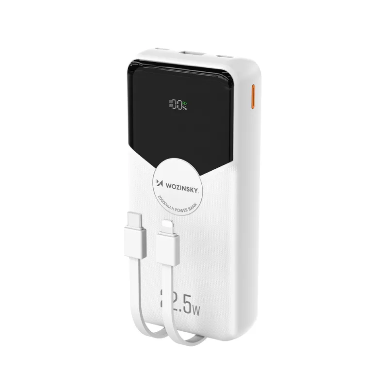 Wozinsky WFC-15W 20000mAh 22,5W PD20W powerbanka so vstavaným Lightning a USB-C káblami – biela