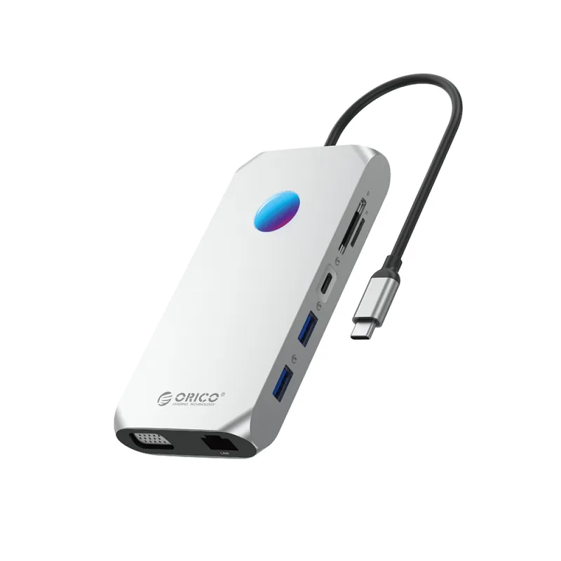 Orico XCR 12v1 RGB USB-C dokovacia stanica 3x USB-A 3.1 1x USB-A 2.0 1x USB-C PD 100 W 1x USB-C 3.1 1x HDMI 1.4 4K 30 Hz 1x VGA 1080p 1x Gimi microSD/