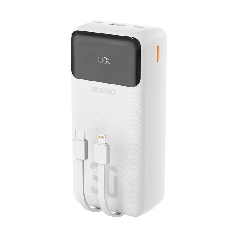 Dudao K15Max 30000mAh PD 22,5W powerbanka s USB-C a Lightning káblami – biela