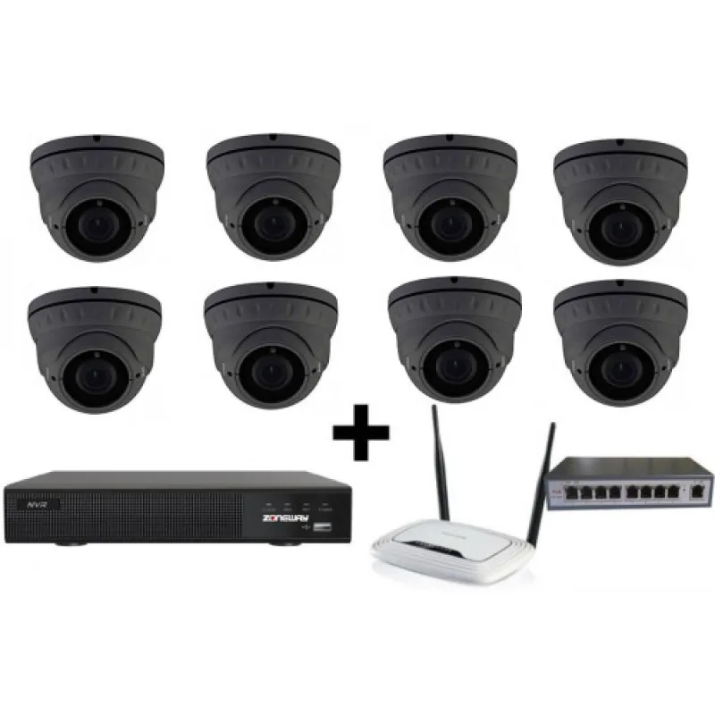 5MPx kamerový IP POE set - 8x NC960, POE switch 8 + 1, NVR | ZONEWAY 8-NC960-3016