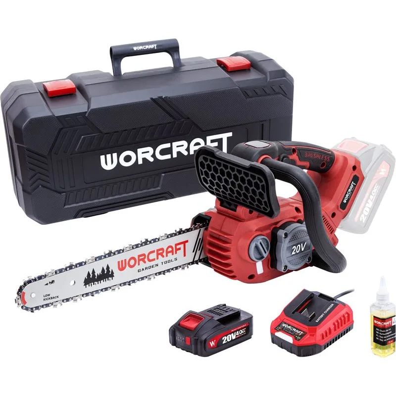 SET Píla Worcraft CGC-S20LiBAM, bezuhlíková, reťazová, 20 V Li-ion, 75 ml nádrž na olej, 12" reťaz, v kufríku