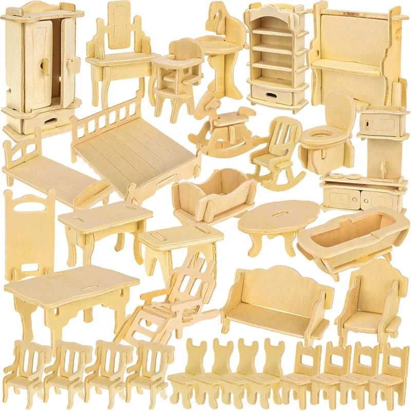 Drevené 3D puzzle Kruzzel Sada 34 kusov nábytku do domčeka pre bábiky 175 dielikov