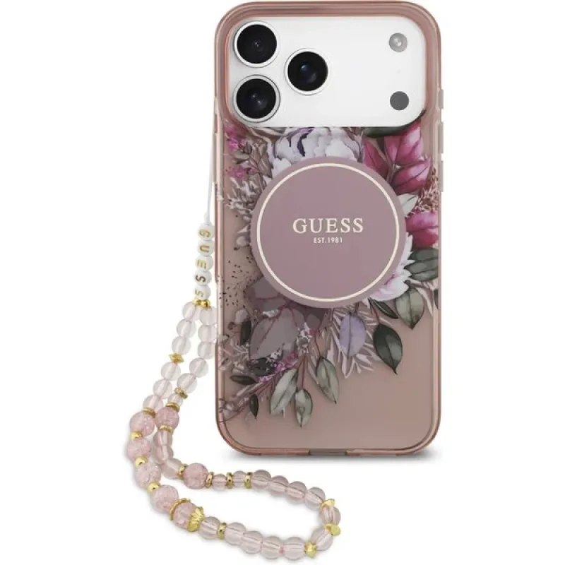 Guess IML Flowers Strap MagSafe kryt iPhone 17 Pro ružový 57983126989