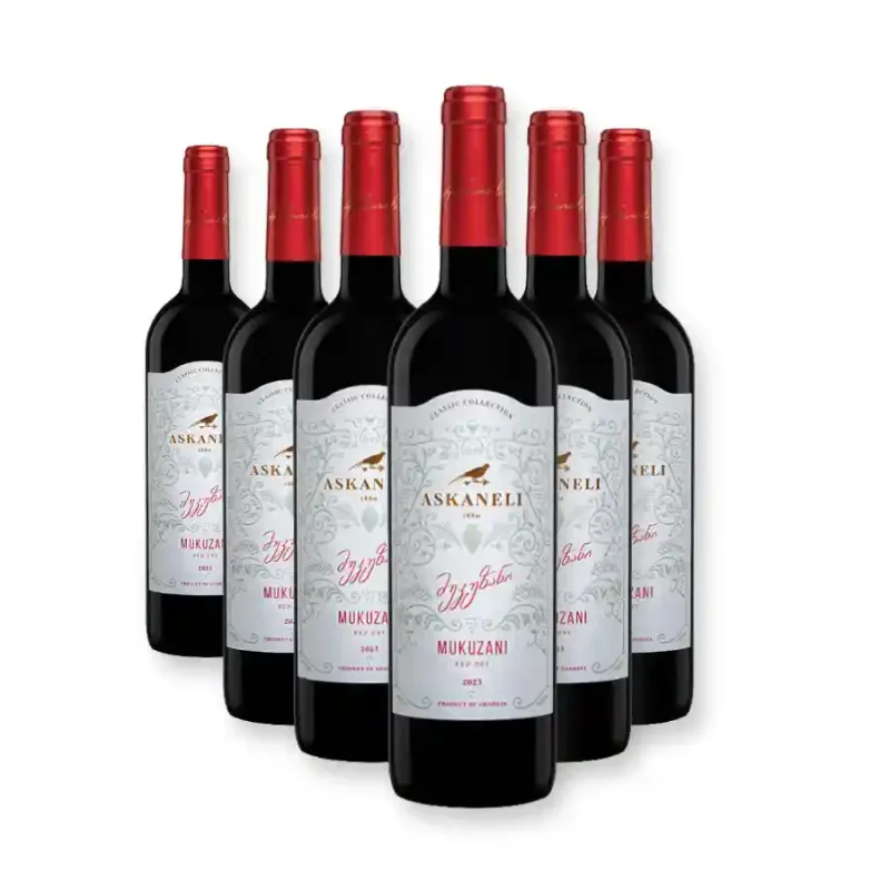 Askaneli Brothers 6x Askaneli MUKUZANI červené suché gruzínske víno 12,5% obj. (holá lahev) degustační sada po 750 ml.