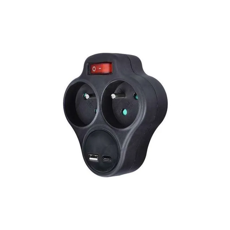 Solight Rozbočovač s USB A+C nabíjačkou, 2 x 10A, čierny, vypínač (P99USBC-B)