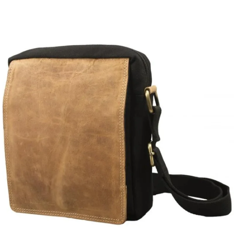 Pánska Kožená Crossbody taška s chlopňou IMPEX - čierna/svetlo béžová 19x23x5cm