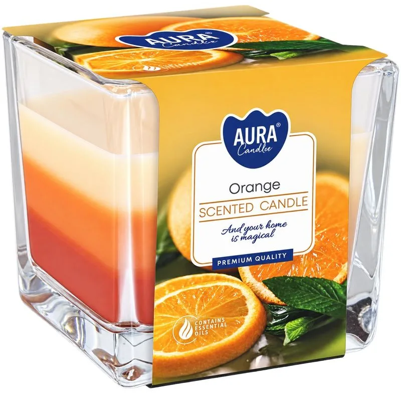 Sviečky AURA, v skle, trojfarebná, Pomaranč, 32h, 170g
