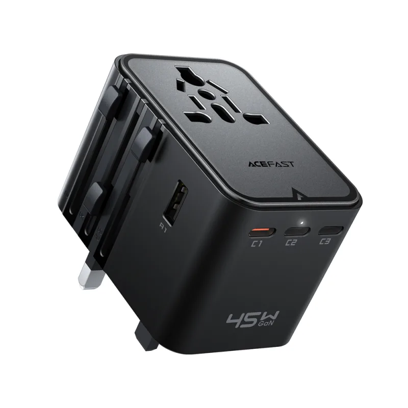 Cestovný adaptér Acefast Z8 GaN 45W 3x USB-C + 2x USB-A cestovná nástenná nabíjačka s 2500W AC zásuvkou - čierna
