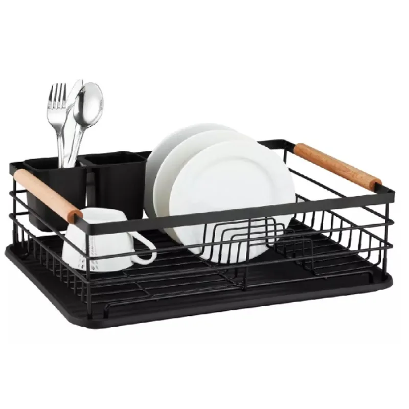 Odkvapkávač na riad King Hoff KH-1728 42,5 × 32 cm – čierny s drevenými rukoväťami