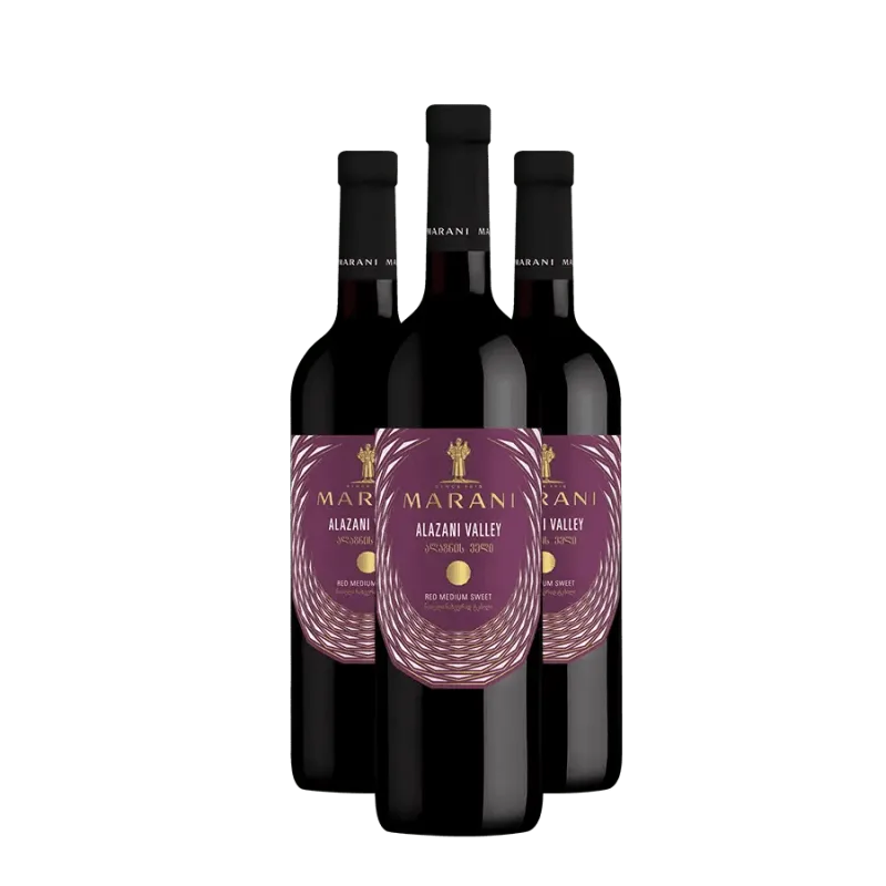 MARANI 3x Alazani Valley červené polosladké víno 11,5% obj. (holá lahev) degustační sada po 750 ml.