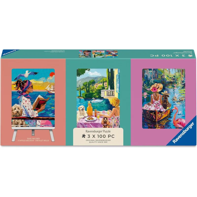 Mini puzzle Trio so stojanom Ravensburger 3x100 dielikov So psom na cestách