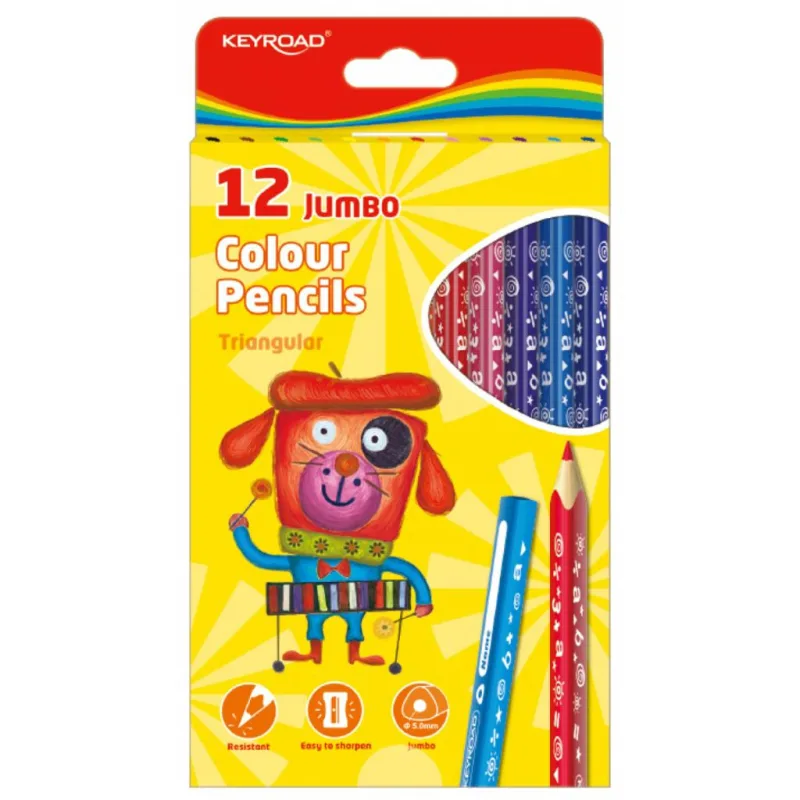 Farbičky KEYROAD Jumbo, trojhranné, 12 ks, mix farieb
