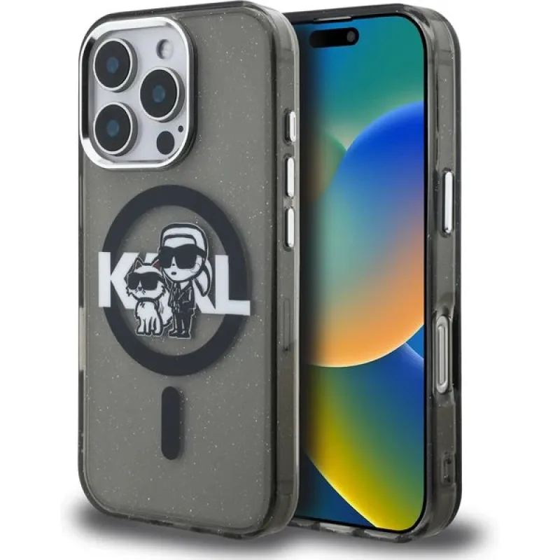 Karl Lagerfeld IML Glitter Karl and Choupette Sketch MagSafe kryt iPhone 16 Pro čierny