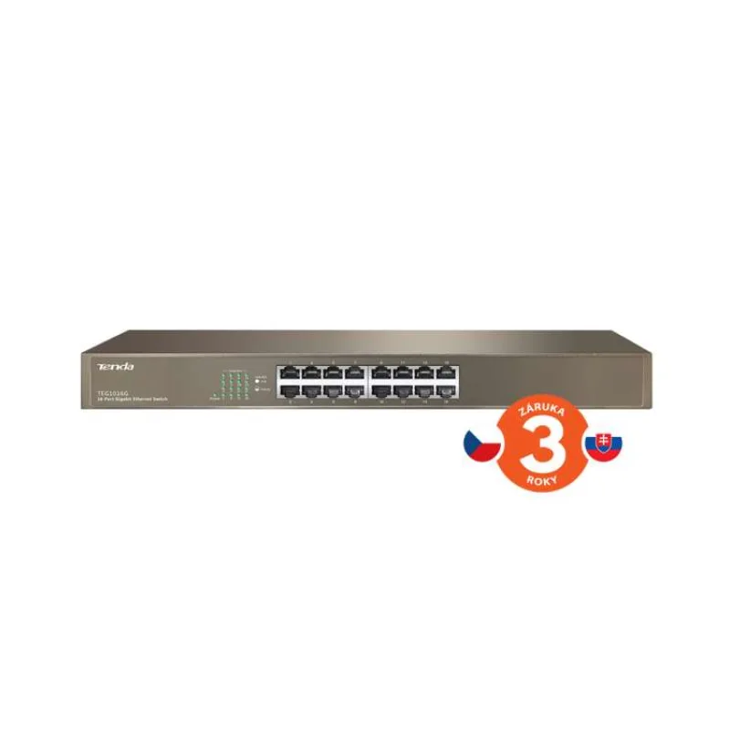 Tenda TEG1016G 16-port Gigabit Switch, 16x 10/100/1000 Mb/s, Fanless, MAC 8K, aj na stenu, Rackmount (75010016)