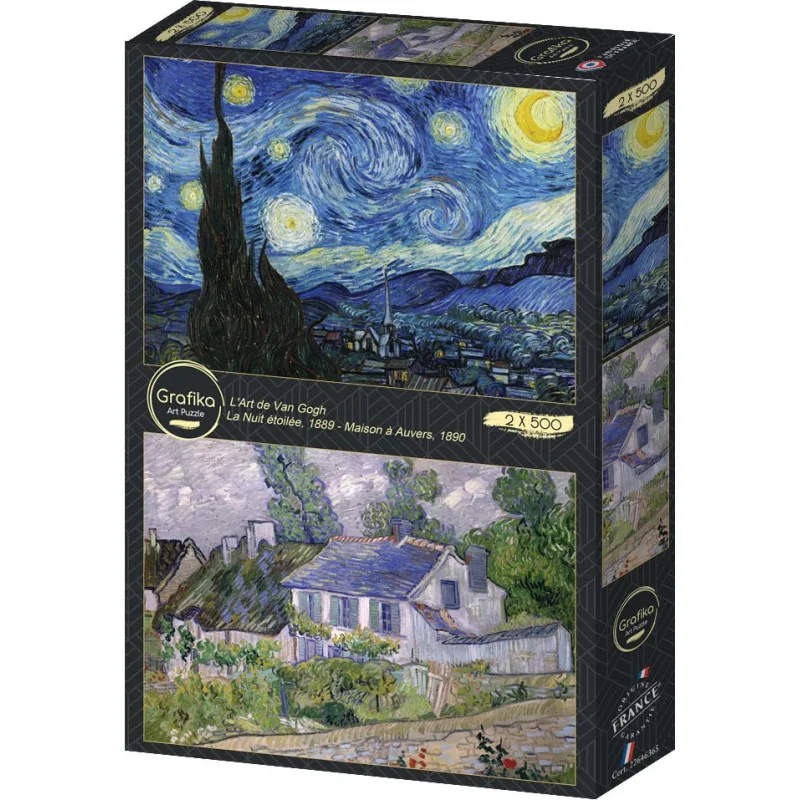 Puzzle Grafika 2x500 dielikov Umenie Van Gogha: Hviezdna noc, 1889 – Domy v Auvers, 1890