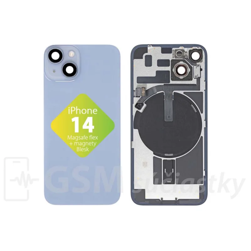 iPhone 14 - Zadné sklo housingu + flex kábel Magsafe, blesk, Magnety, Modré