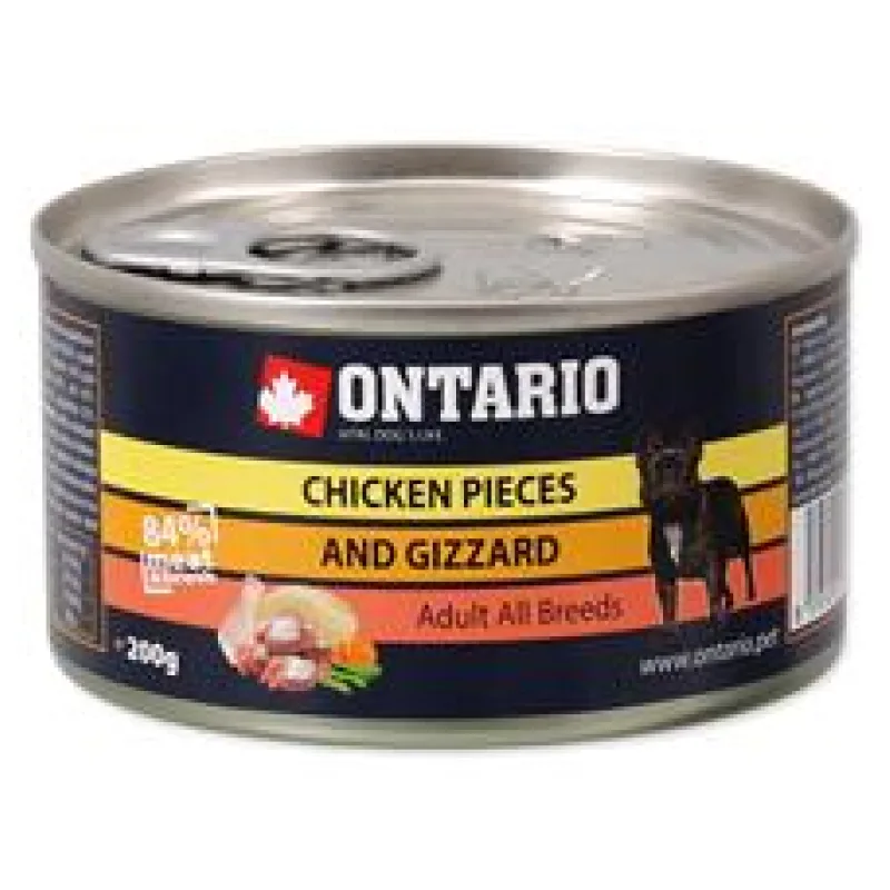 Konzerva ONTARIO Dog Chicken Pieces + Gizzard 200 g - exp. 4/26 - 6 ks skladem
