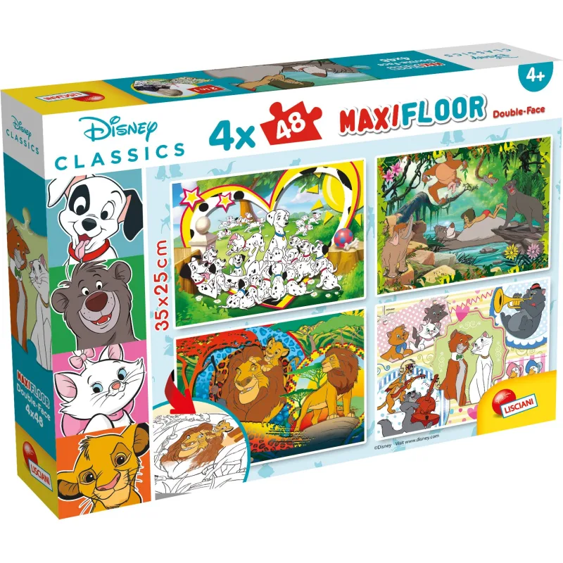 Obojstranné puzzle pre deti Lisciani MAXI 4x48 dielikov Disney Classics rozprávky (s omaľovánkami)