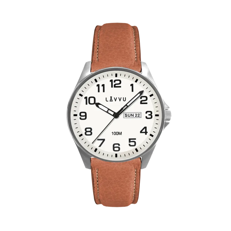 LAVVU Ocelové pánské hodinky BERGEN White / Top Grain Leather se svítícím číselníkem LWM0148