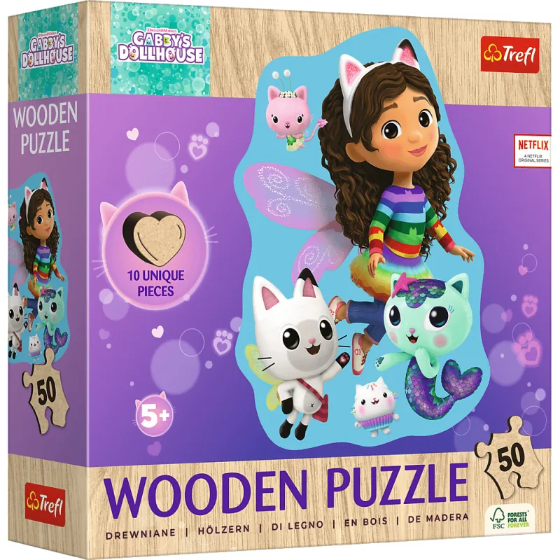 Trefl Drevené obrysové puzzle Gábinin kúzelný domček: Veselá Gábinka 50 dielikov