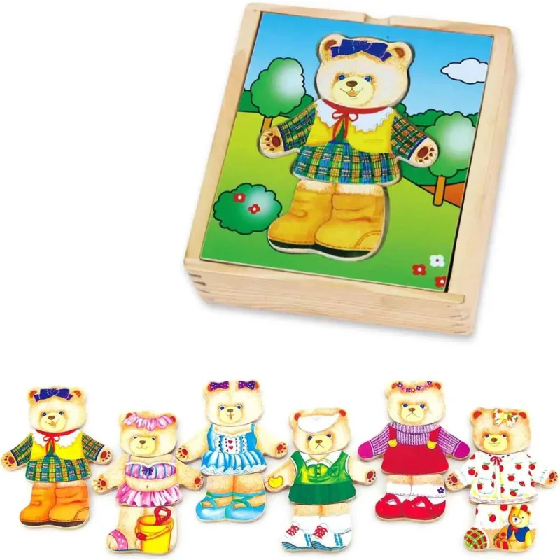 Drevené puzzle BABU Šatníková skriňa Obliekanie Medvedia dievčatko