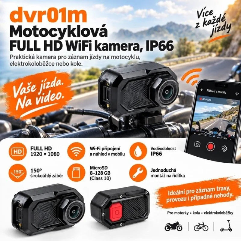 Motocyklová FULL HD, WiFi kamera, IP66 dvr01m