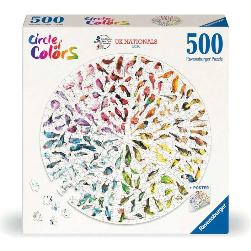 Okrúhle puzzle Ravensburger 500 dielikov Circle of Colors: Vtáky - UK Nationals 2026