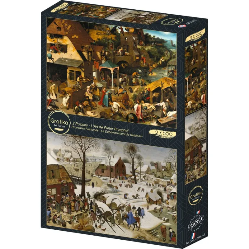 Puzzle Grafika 2x500 dielikov Umenie Pietera Brueghela: Holandské príslovia – Sčítanie v Betleheme