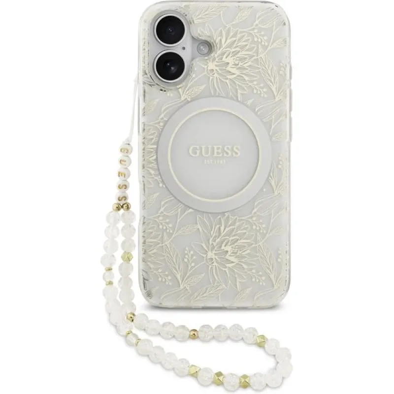 Guess IML Flowers Allover Strap MagSafe kryt iPhone 17 biely