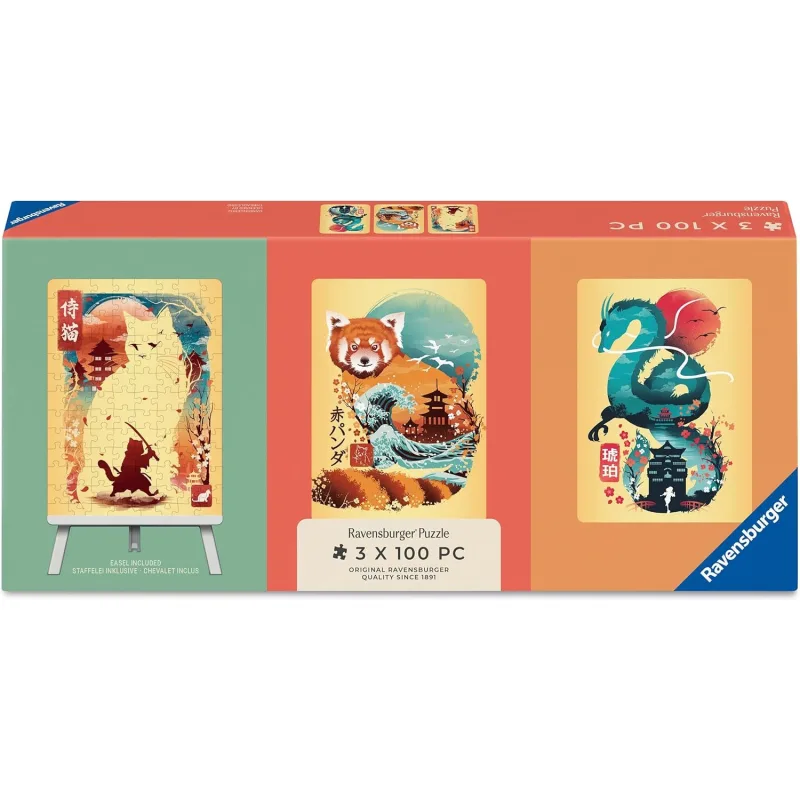 Mini puzzle Trio so stojanom Ravensburger 3x100 dielikov Ukiyo-e: Mačací bojovník, červená panda a drak