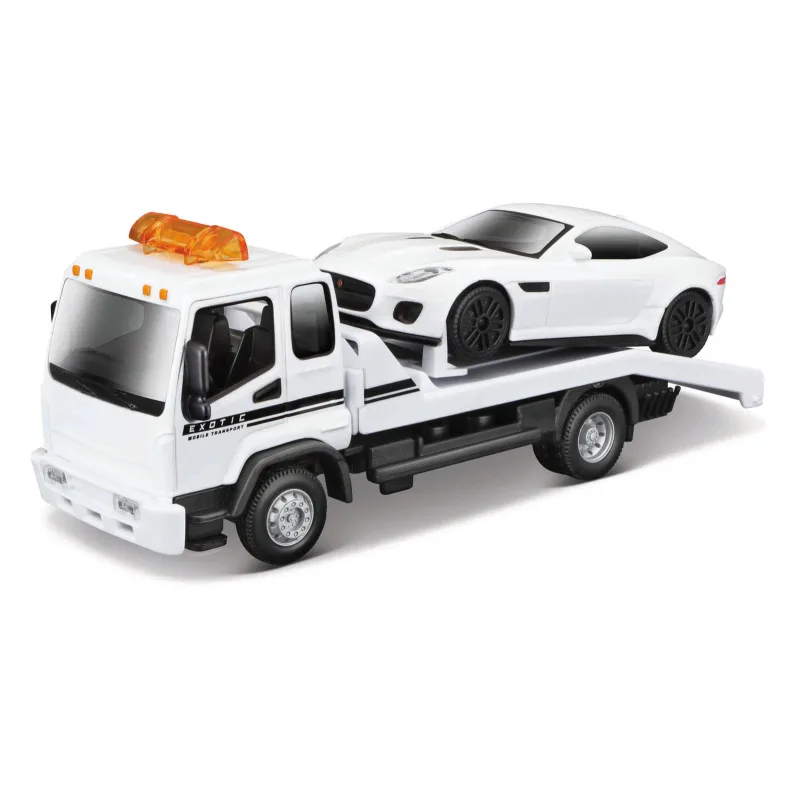 Bburago – STREET FIRE, Odťahové vozidlo Flatbed Tow Truck + Jaguar F-TYPE Coupé, 1:43