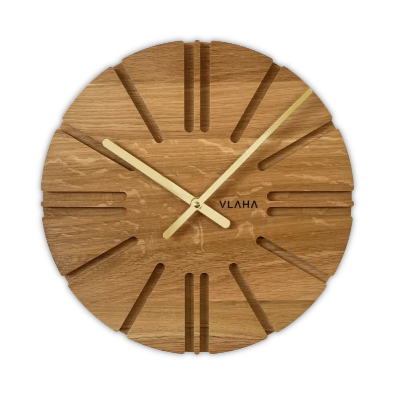 VLAHA Dřevěné dubové hodiny ATELIER vyrobené v Čechách se zlatými ručkami ⌀32,5cm VCT1150