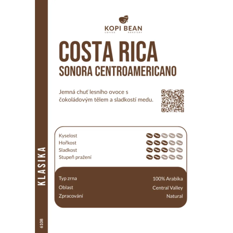 Costa Rica Sonora Centroamericano, Natural, 200 g, Zpracování Zrnková