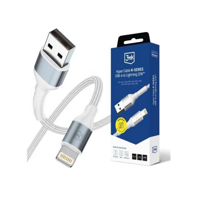 3mk Hyper Cable N-SERIES A to Lightning 1m QC 3.0 5V/2.4A 12W White (5903108740753)