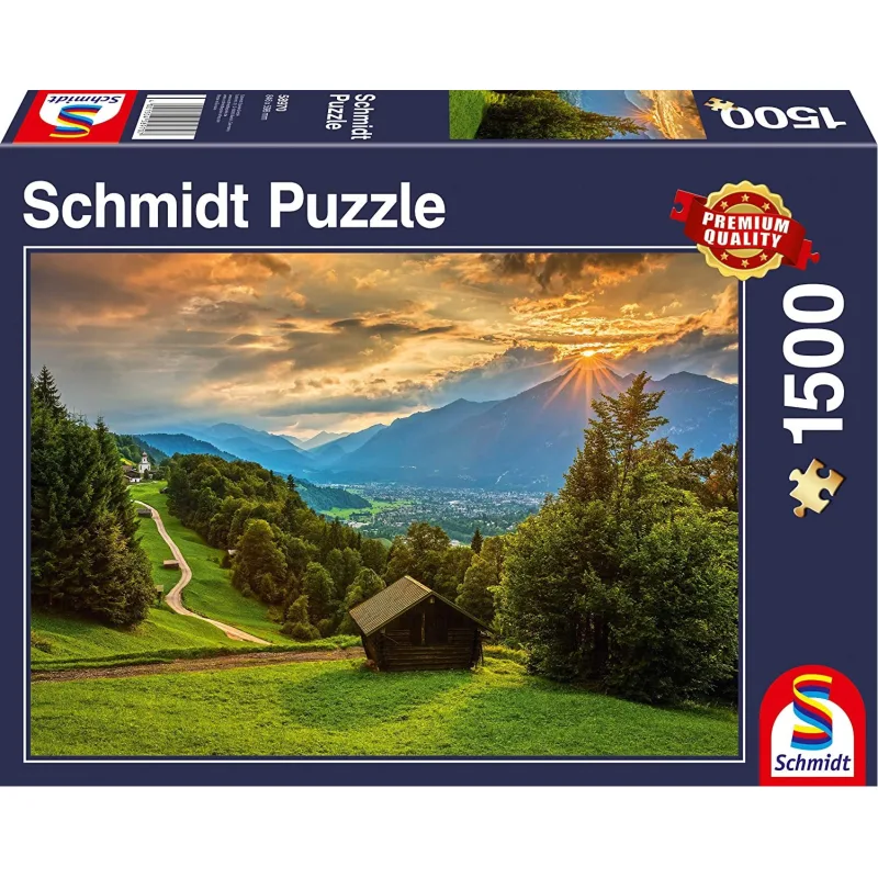 Schmidt Puzzle Západ slnka nad horskou dedinou Wamberg 1500 dielikov