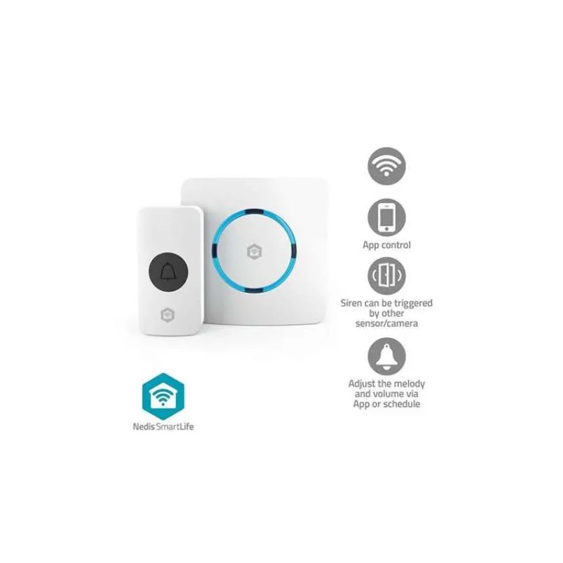 NEDIS Wi-Fi chytrý bezdrátový zvonek/ RF 433 Mhz/ síťové napájení 100 - 240 V/ 60 melodií/ Android/ iOS/ bílý (WIFIDB11CWT)