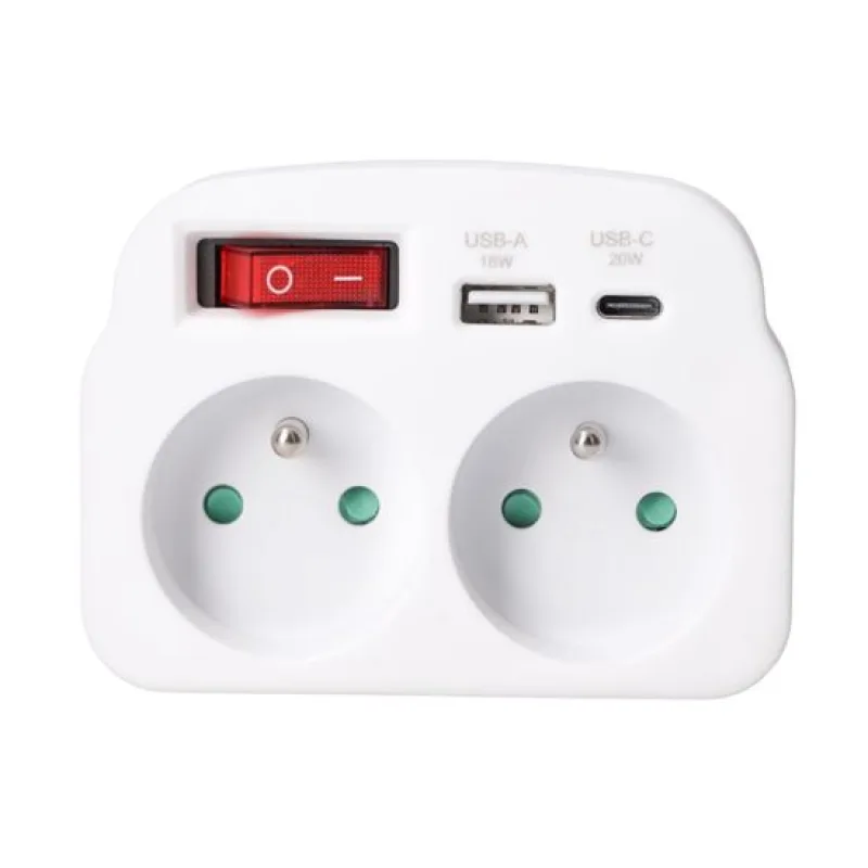 Solight rozbočovač 2 x 16A, USB A+C rychlonabíjačka 20W PD, biely,…