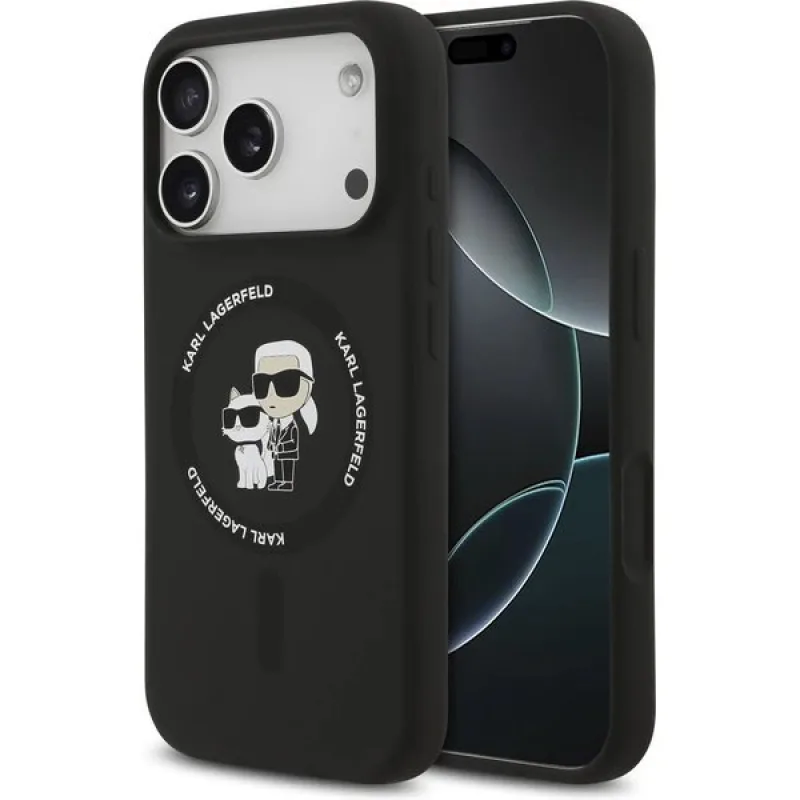 Karl Lagerfeld Liquid Silicone Karl and Choupette MagSafe kryt iPhone 17 Pro čierny